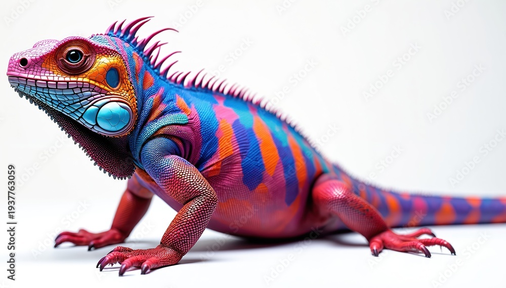 Fototapeta premium Vibrant, multicolored iguana sits on white background. This exotic reptile features striking patterns of pink, blue, and orange scales. Its detailed texture and bold colors make it unique artwork.