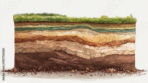 Detailed earth soil cross section profile with grassy top