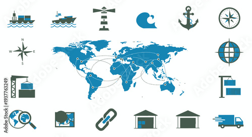 Global Logistics and Shipping Icons with World Map Illustrating International Trade Routes