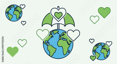 Planet Earth Protected by Umbrella with Hearts, Global Care and Love Concept
