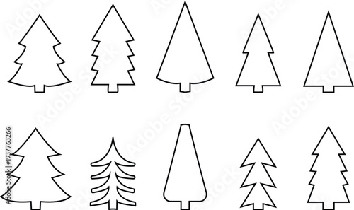 Christmas tree icon set, vector of pine silhouette Fir Trees and Cute stylized Cartoon Decorated Holiday Icons, Minimalist and elegant Abstract arts christmas ornament holidays designs template,