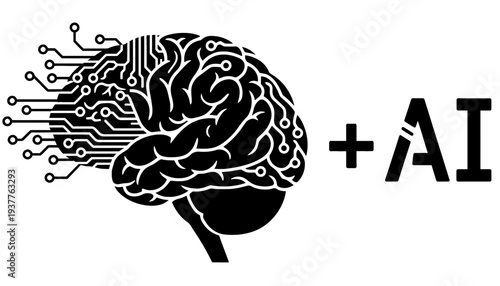 Brain with circuit board and AI logo in black and white