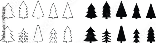 Christmas tree icon set, vector of pine silhouette Fir Trees and Cute stylized Cartoon Decorated Holiday Icons, Minimalist and elegant Abstract arts christmas ornament holidays designs template,