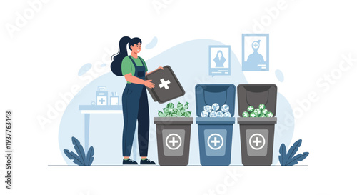 Woman sorting medical waste into recycling bins with plus signs