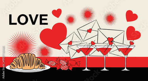 Love hearts and gifts vector illustration for Valentine's Day celebration with romantic drinks and pastry food