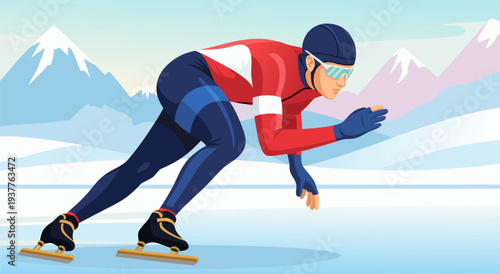 Speed Skating vector illustration of a male athlete on ice with mountains in background during winter sports event