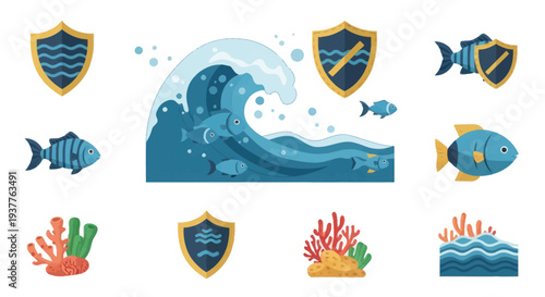 Ocean Wildlife Protection Concept: Fish, Waves, Corals, and Shields
