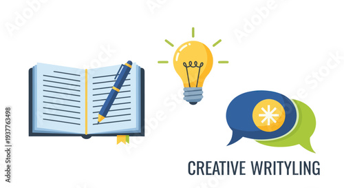 Creative Writing Idea, Lightbulb, Open Book, Pen, Speech Bubbles, Communication