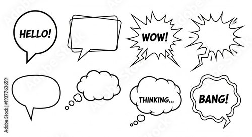 Collection of comic speech bubbles and text boxes in a modern illustration style