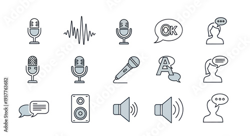 Audio and Communication Icons: Microphones, Sound Waves, Speech Bubbles, Speaker