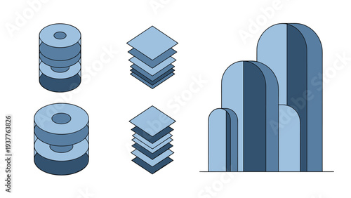 Isometric collection of blue data and cloud computing icons representing storage, technology, and information systems on white.