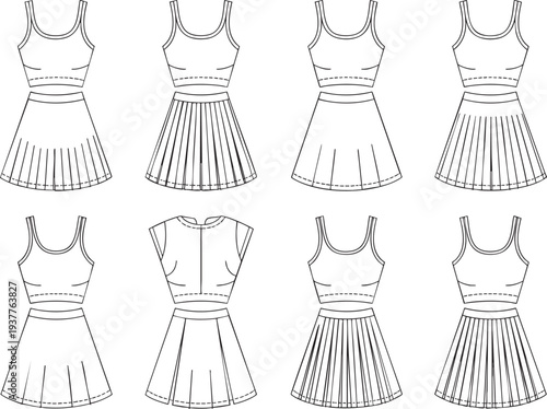 Technical sketches of cropped tops and skirts with different pleat styles.
