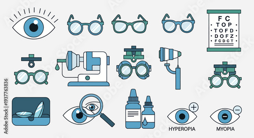 Ophthalmology Icons: Eye Care, Vision Testing, Eyeglasses, and Optometry Equipment Collection