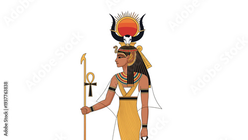 Ancient Egyptian goddess character wearing traditional golden dress and celestial sun disk crown with sacred ankh staff.