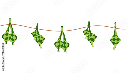 A festive green balloon garland with checkered pattern hanging on a string