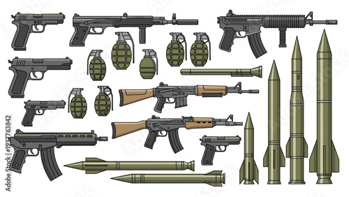 Comprehensive collection of military defense equipment including assault rifles pistols grenades and ballistic missiles.