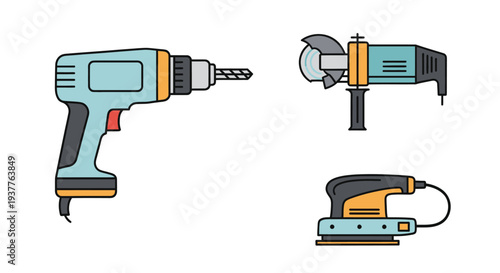 Set of Power Tools: Drill, Angle Grinder, and Sander, Flat Design Icons on White Background