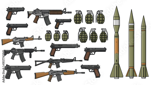 Comprehensive collection of various modern weapons including assault rifles, handguns, fragmentation grenades, and large missiles.