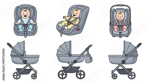Set of infant transportation equipment including different styles of baby car seats and strollers in grey and blue color tones.