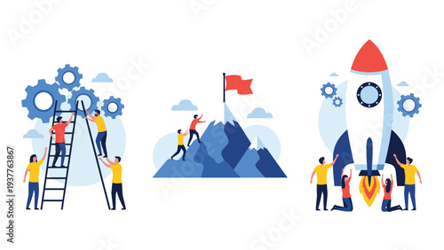 Motivational business concept illustrations showing teamwork for launching a rocket, climbing a mountain, and turning gears.