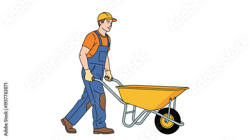 Construction worker wearing a yellow hard hat and blue overalls pushes a yellow wheelbarrow across a white background space.
