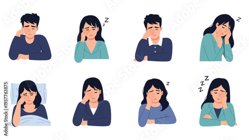 Series of male and female office workers showing signs of exhaustion, fatigue, and sleepiness while rubbing their tired eyes.
