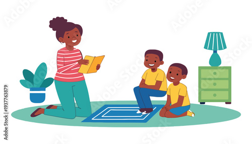 A woman reading a book to two happy children in a cozy room
