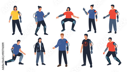 Collection of diverse people showing various types of bionic prosthetic arms and legs in different active poses on white background.
