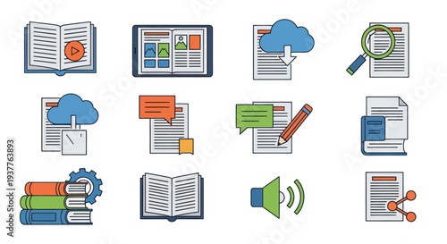 Digital Learning Icons: E-book, Cloud Documents, Research, Notes, Audio, Sharing