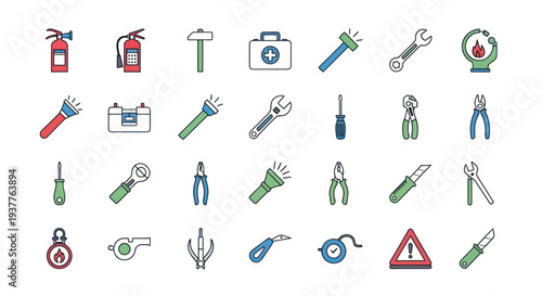 Collection of Safety and Repair Tools Icons: Fire Extinguisher, Flashlights, Wrenches, Pliers, Knives