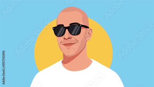 Portrait of a bald man wearing dark sunglasses and a white t-shirt against a bright blue background with a yellow circle.