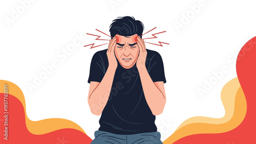 Man in a dark shirt suffering from a severe headache or migraine holding his temples with red lightning symbols for pain.