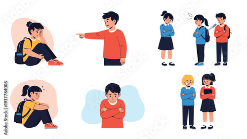 Series of illustrations showing school children experiencing sadness, social exclusion, and being teased by their peers.