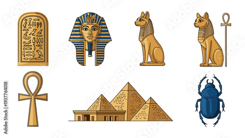 Ancient Egyptian cultural symbols including pyramids great sphinx pharaoh mask ankh and sacred scarab beetle on white.