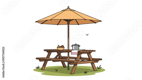 Wooden picnic table set with large outdoor umbrella and healthy snacks sits on green grass under bright summer sky.