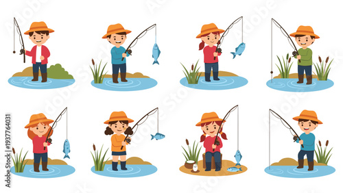 Cheerful children wearing sun hats enjoy fishing in a pond while holding rods and catching different types of blue fish.