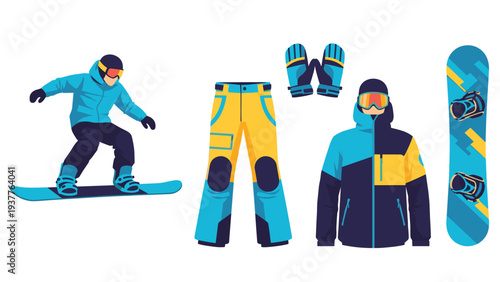 Active snowboarder performs trick on blue board alongside set of winter sports gear including jacket pants and goggles.