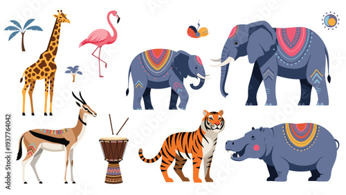 Collection of african wildlife including giraffe elephants tiger and flamingo alongside traditional tribal percussion drum.