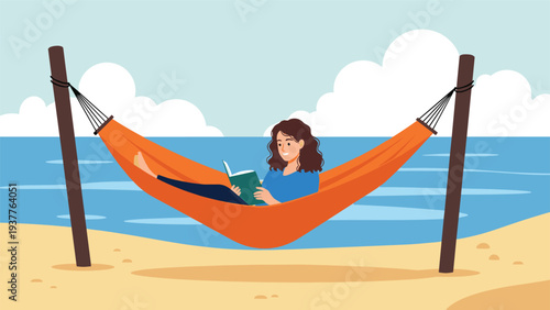 Young woman relaxes in orange hammock while reading a book on a peaceful sandy beach with ocean waves and blue sky.