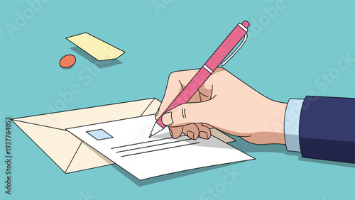 Elegant hand in business suit writes address on white envelope with pink pen for sending traditional mail correspondence.