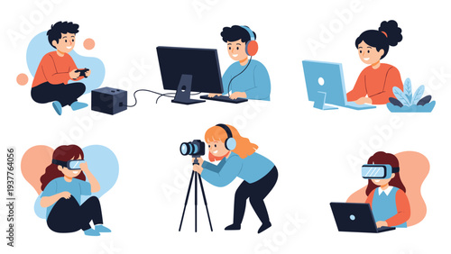 Diverse group of young people using modern technology including virtual reality headsets gaming consoles and photography gear.