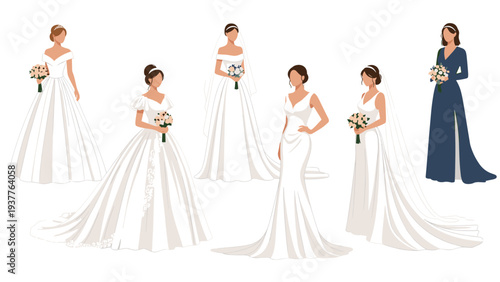 Diverse collection of elegant bridal gowns showcasing different styles and silhouettes for modern wedding celebrations.