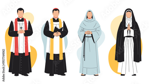 Group of diverse religious figures including priests and nuns dressed in traditional ceremonial robes standing on white.