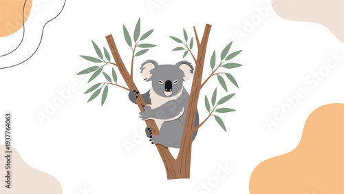 Adorable gray koala sits peacefully among eucalyptus branches in minimalist natural setting with warm earth tones.