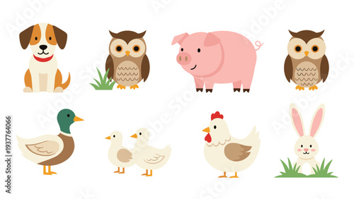 Set of adorable cartoon animals including dog owl pig duck and rabbit designed for children education and decoration.