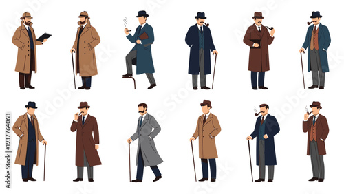 Elegant men wearing classic overcoats and hats hold walking sticks and tobacco pipes in sophisticated vintage style.