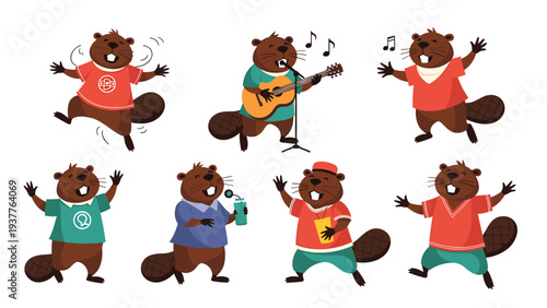 Fun beaver characters wearing colorful clothes enjoy music by singing playing guitar and performing on stage together.