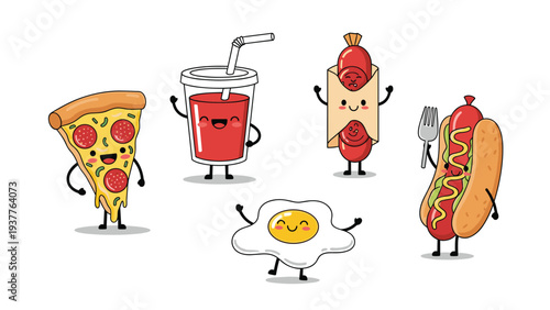 Cute fast food characters with smiling faces including pizza soda hot dog and fried egg for fun culinary branding.
