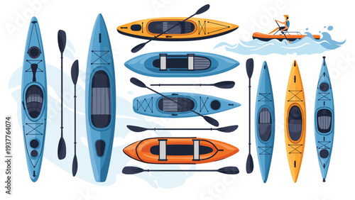 Large collection of colorful kayaks and paddles from top and side views for water sports and outdoor recreational activities.