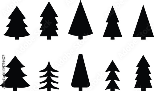 Christmas tree icon set, vector of pine silhouette Fir Trees and Cute stylized Cartoon Decorated Holiday Icons, Minimalist and elegant Abstract arts christmas ornament holidays designs template,